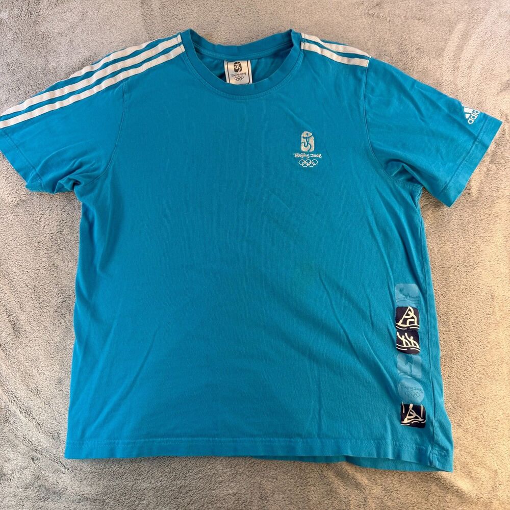 Adidas Beijing 2008 Olympics T-Shirt Mens Medium Blue 3 Stripe Athletic Tee